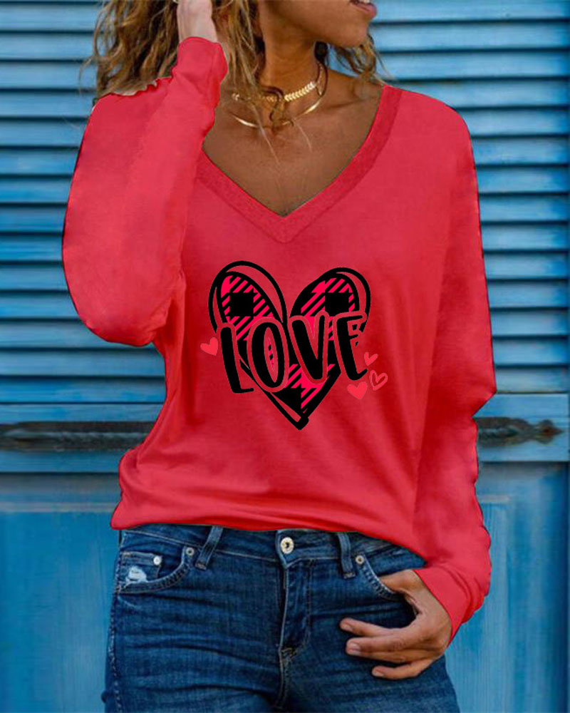

Heart Letter Print Long Sleeve V-Neck Top, Red