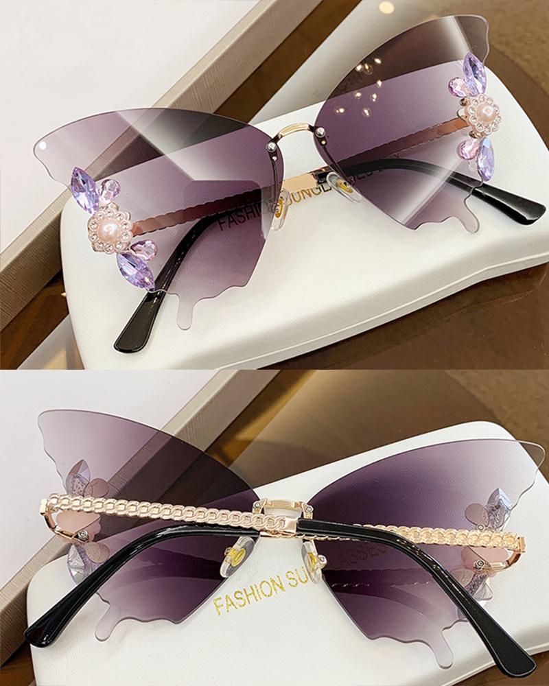 1 paire de lunettes de soleil en forme d'ailes de papillon à motif floral en cristal