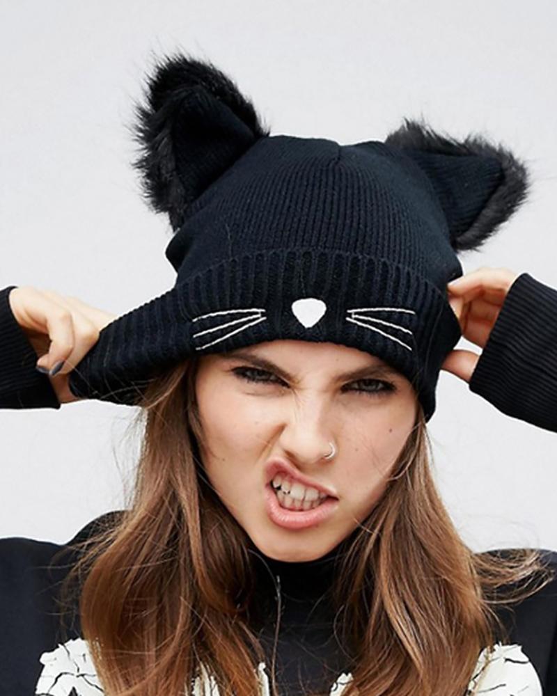 

3D Ear Design Cat Pattern Embroidery Cuffed Beanie, Black