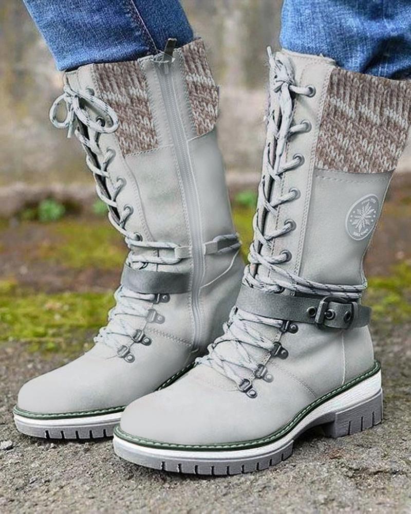 

Eyelet Lace-up Buckled Martin Boots, Gray