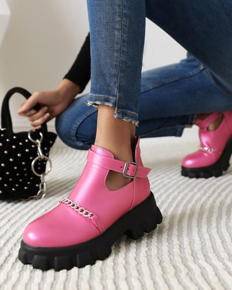 

Womens Chain Decoration Round Toe Hollow-out Martin Boots, Hot pink