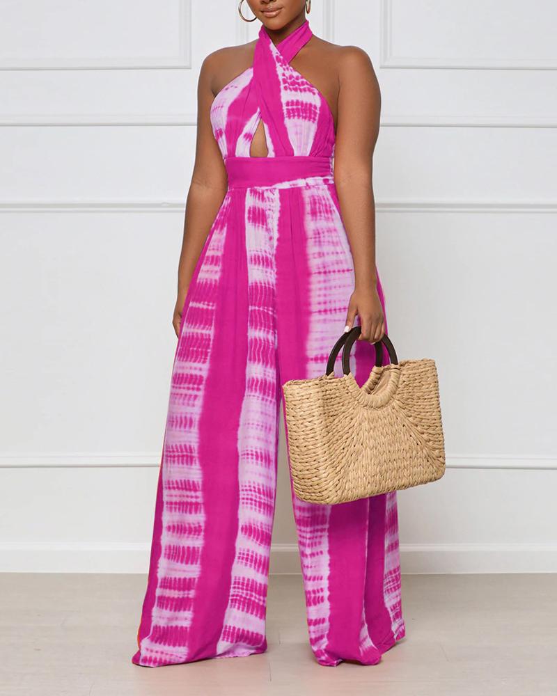 

Tie Dye Print Halter Backless High Waist Wide Leg Jumpsuit, Hot pink
