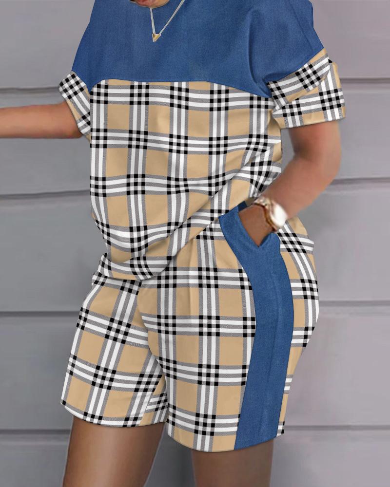 

Plus Size Plaid Print Patchwork Casual Top & Shorts Set, Blue
