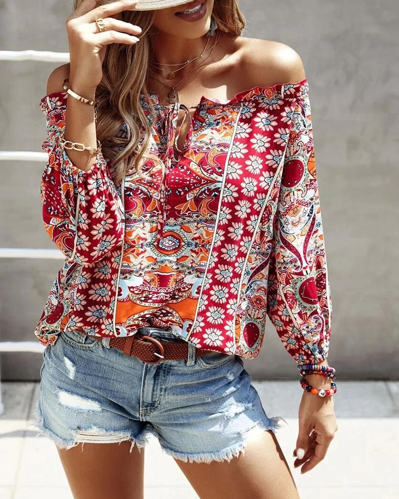 

Retro Tribal Print Frill Hem Off Shoulder Top, Red