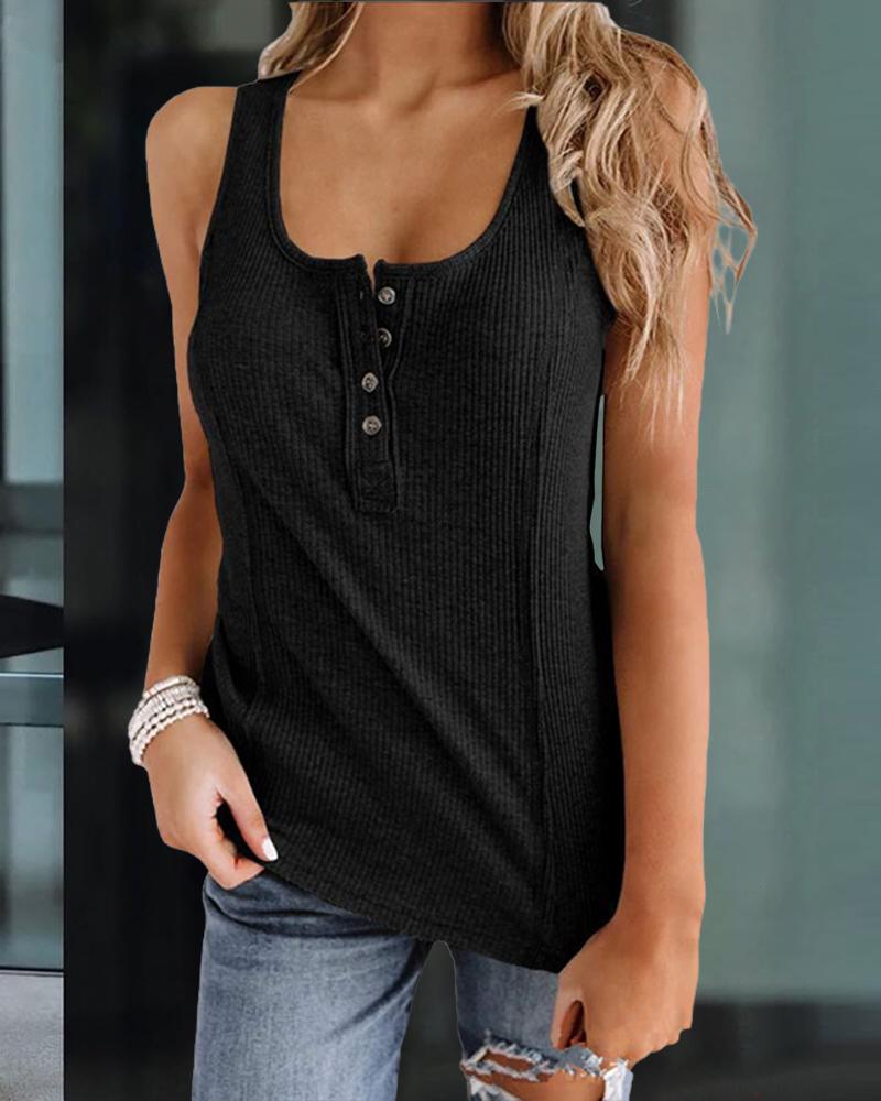 

Button Front Casual Tank Top, Black