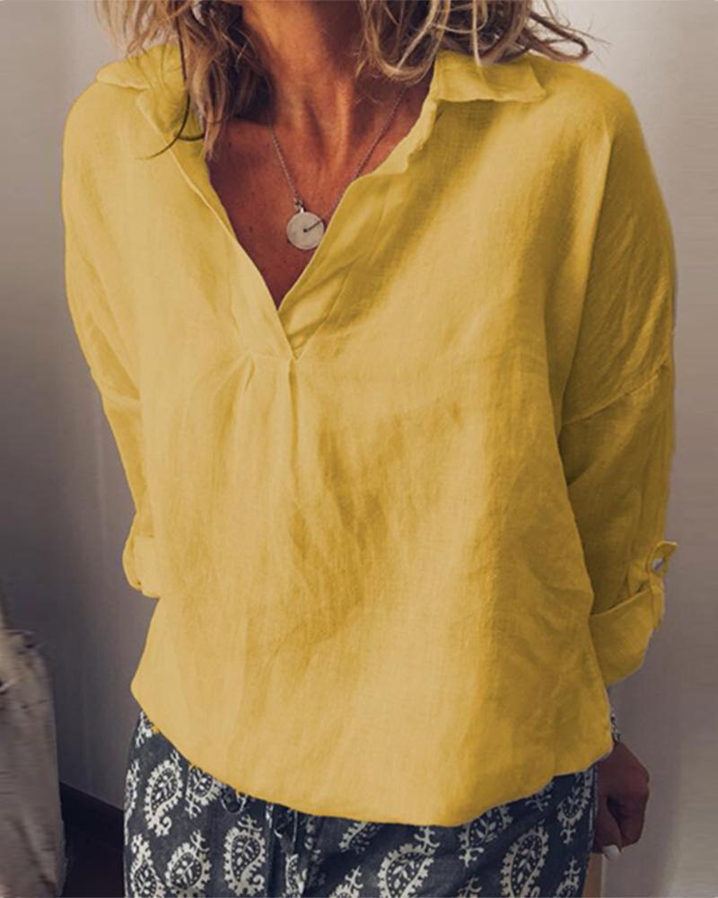 

Solid color V-neck large size cotton and linen women, Yellow