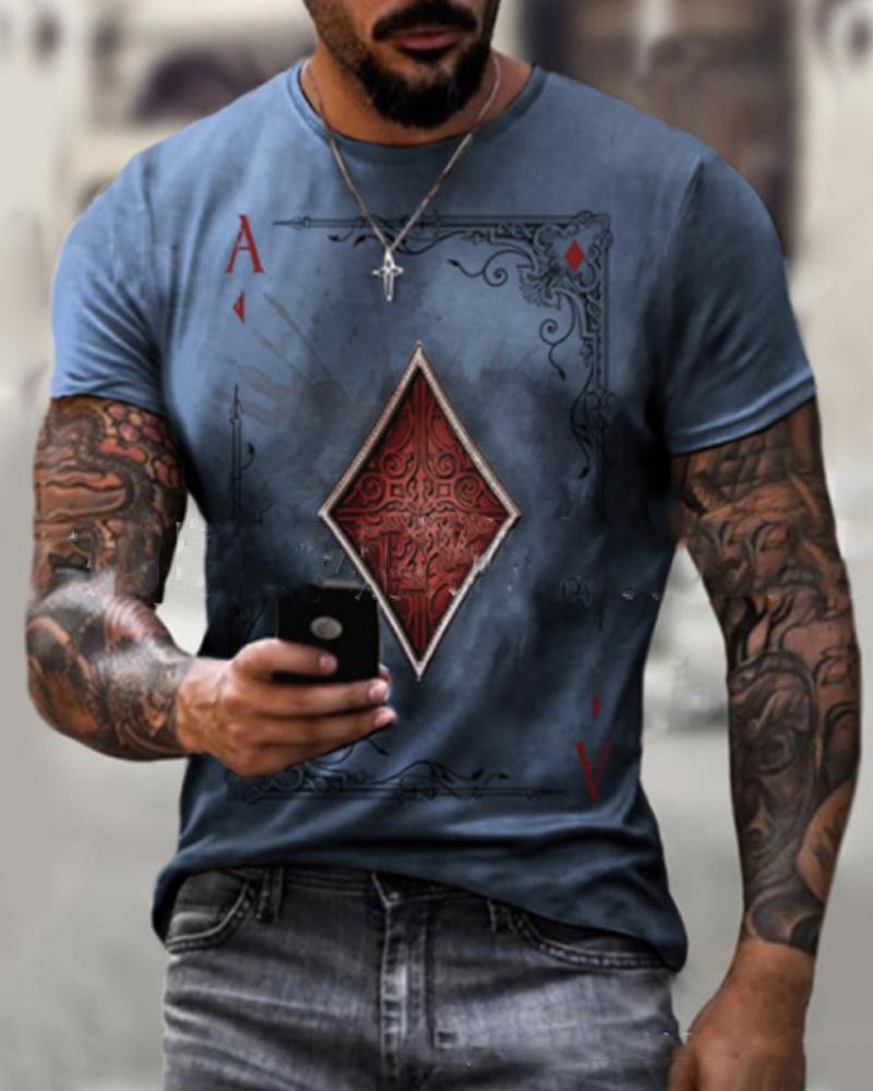 

Multicolor Poker Print Short Sleeve T-shirt, Blue
