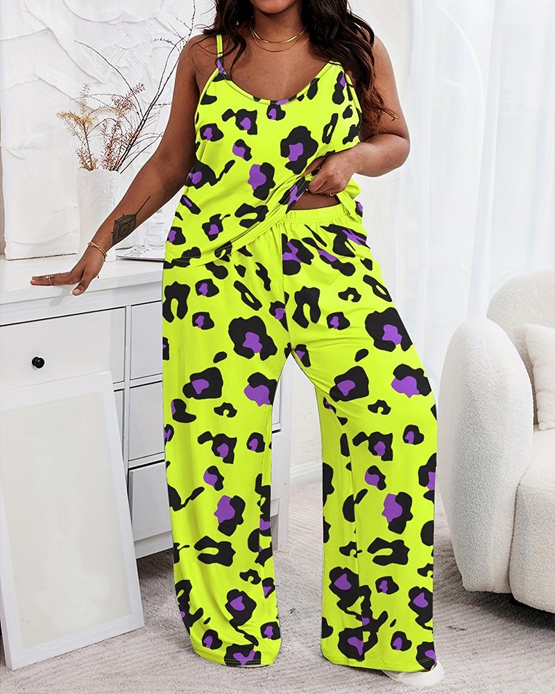

Plus Size Pink Leopard Print Spaghetti Strap Pajamas Set, Lvs green