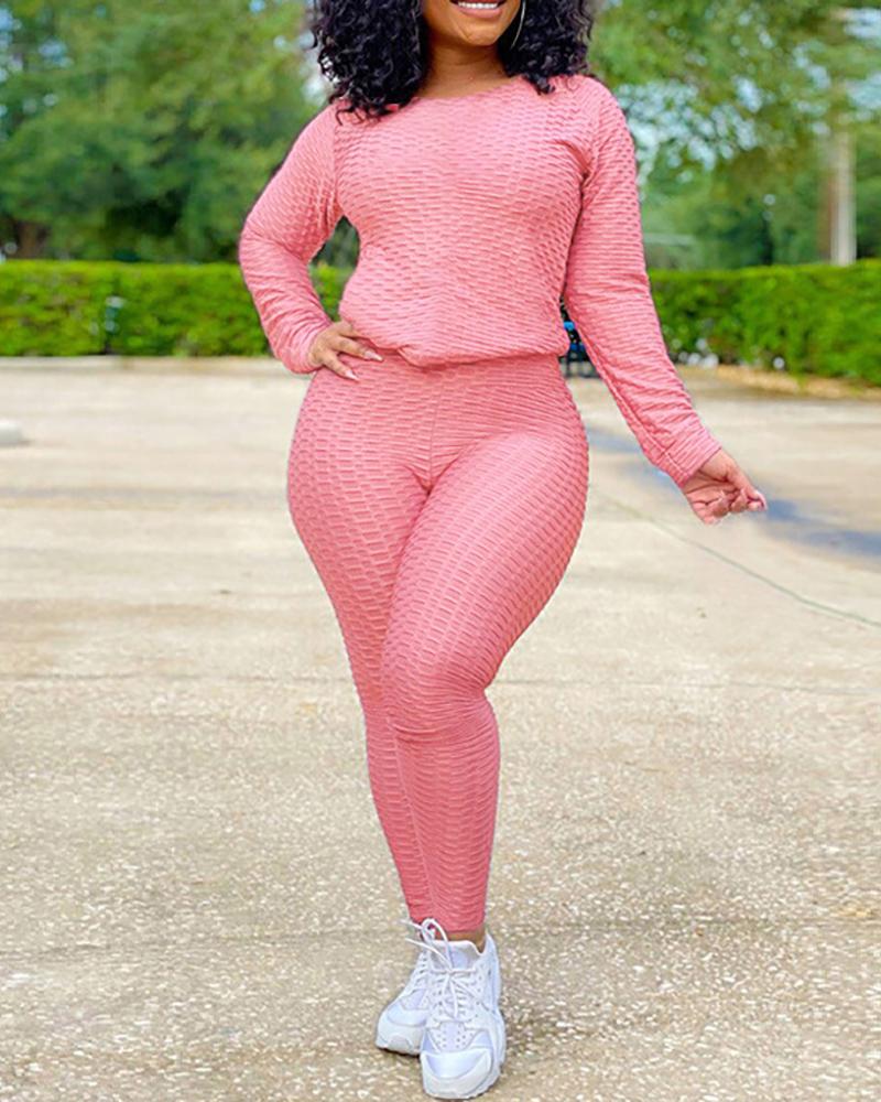 

Textured Long Sleeve Top & High Waist Pants Set, Pink