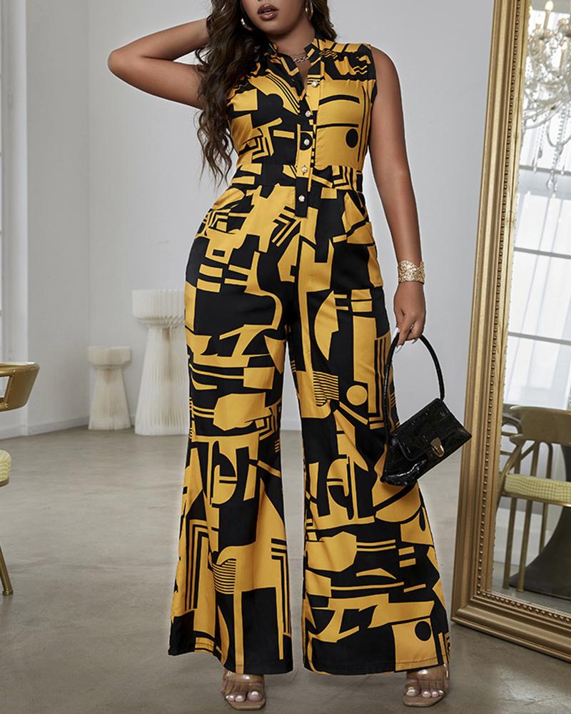 

Geo Print Button Front Wide Leg Jumpsuit, Yellow