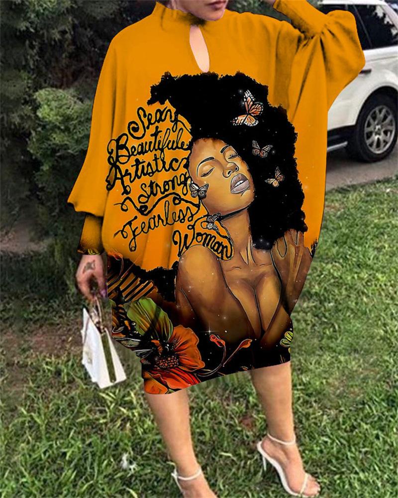 

Plus Size Figure Print Batwing Lantern Sleeve Casual Dress, Orange