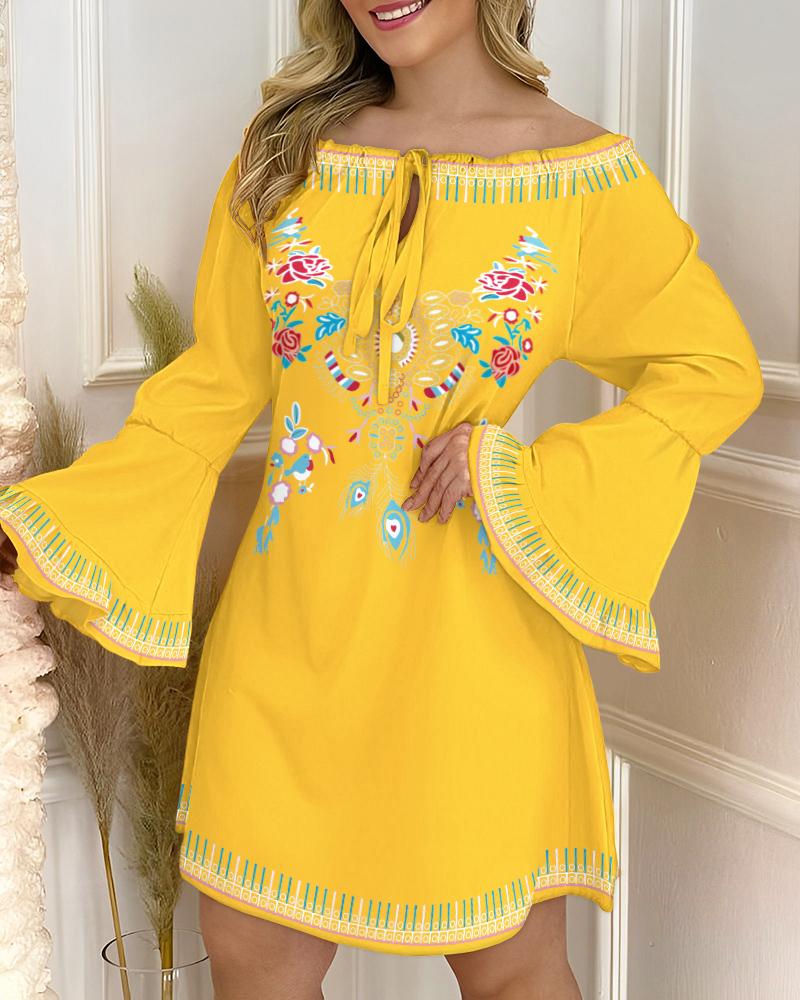 

Floral Tribal Print Off Shoulder Bell Sleeve Dress, Yellow