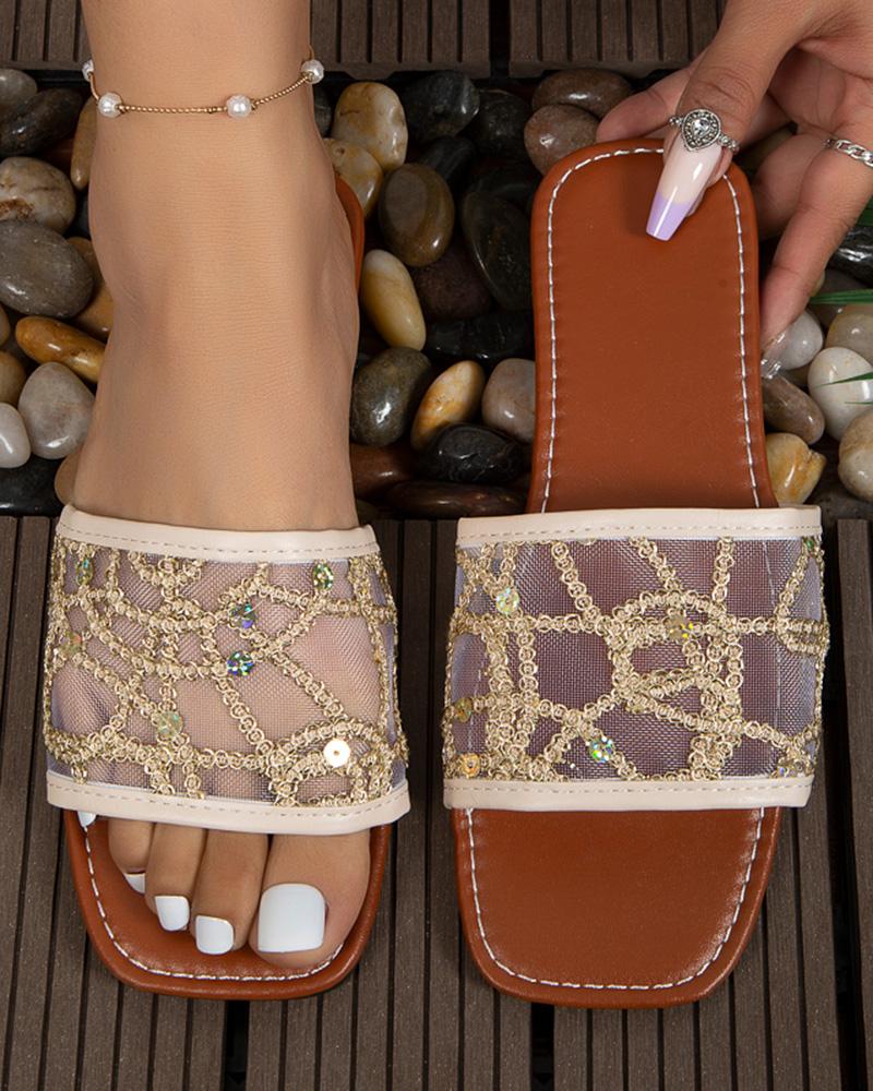 

Contrast Sequin Wide Strap Mesh Slippers, Gold
