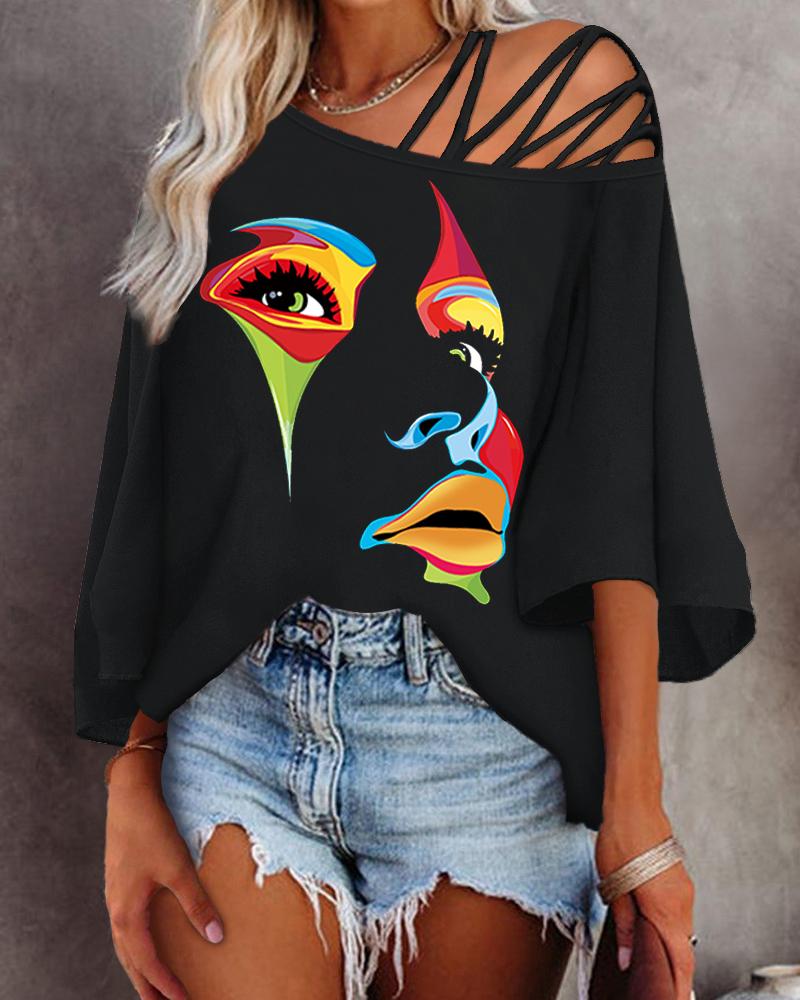

Abstract Figure Print Cold Shoulder Bell Sleeve Top, Black