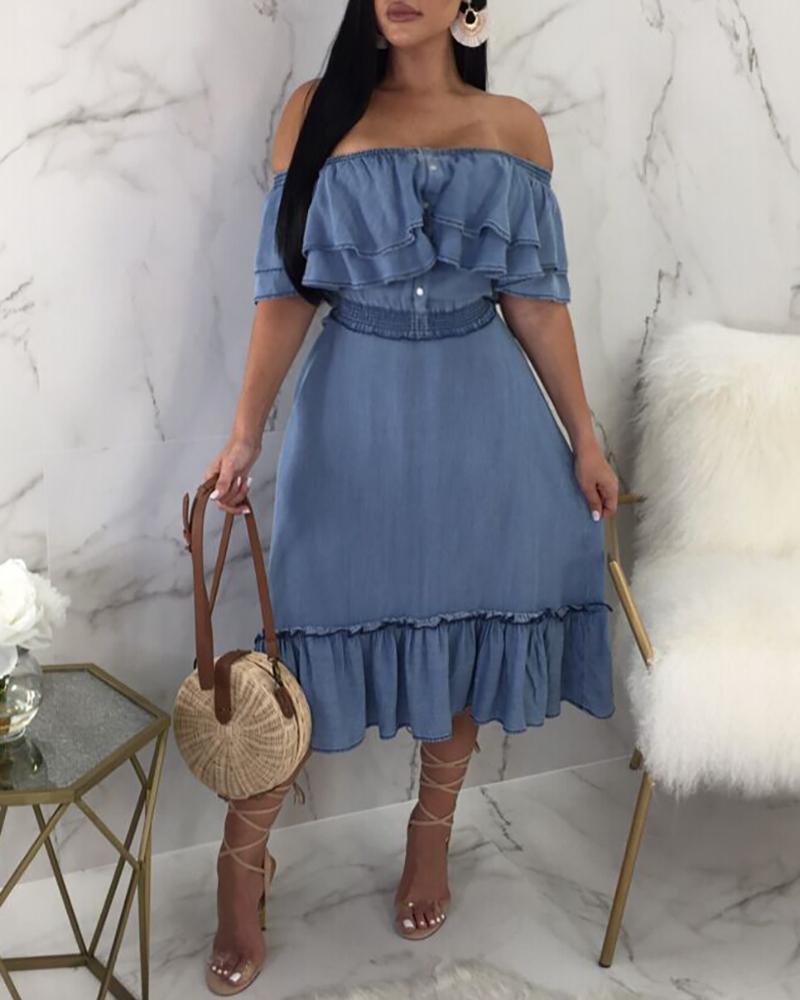 

Off Shoulder Ruffles Shirring Detail Denim Dress, Blue