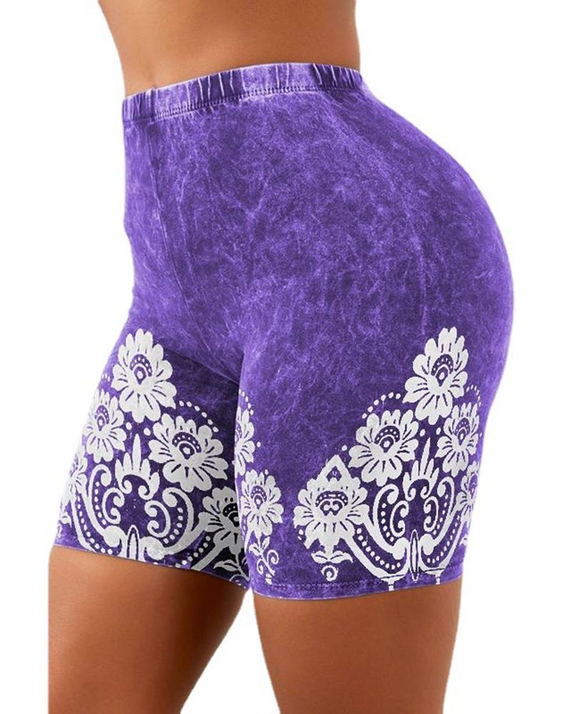 

Plus Size Floral Denim Look Print High Waist Shorts, Purple