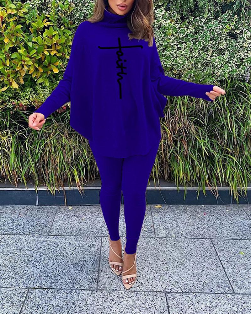 

Letter Print Batwing Sleeve Top & Pants Set, Blue