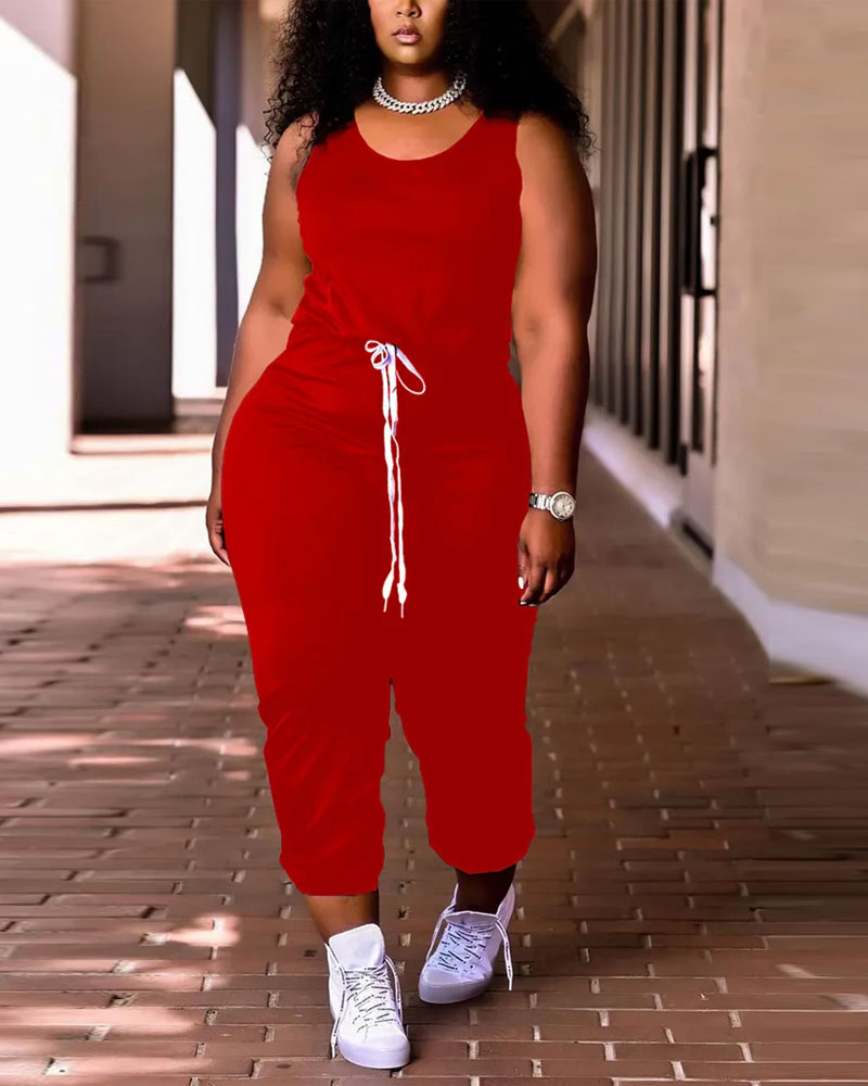 

Sleeveless Drawstring Waist Casual Jumpsuit, Red