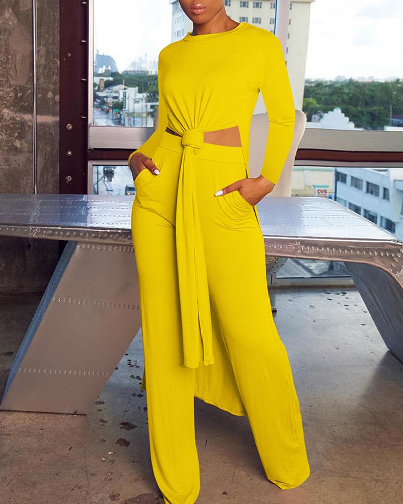 

Plain Long Sleeve Slit Top & Wide Leg Pants Set, Yellow