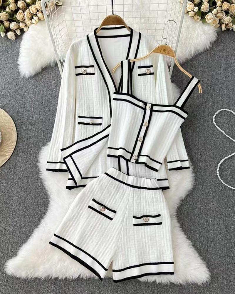 

Contrast Binding Tank Top & Shorts Set With Cardigan, White