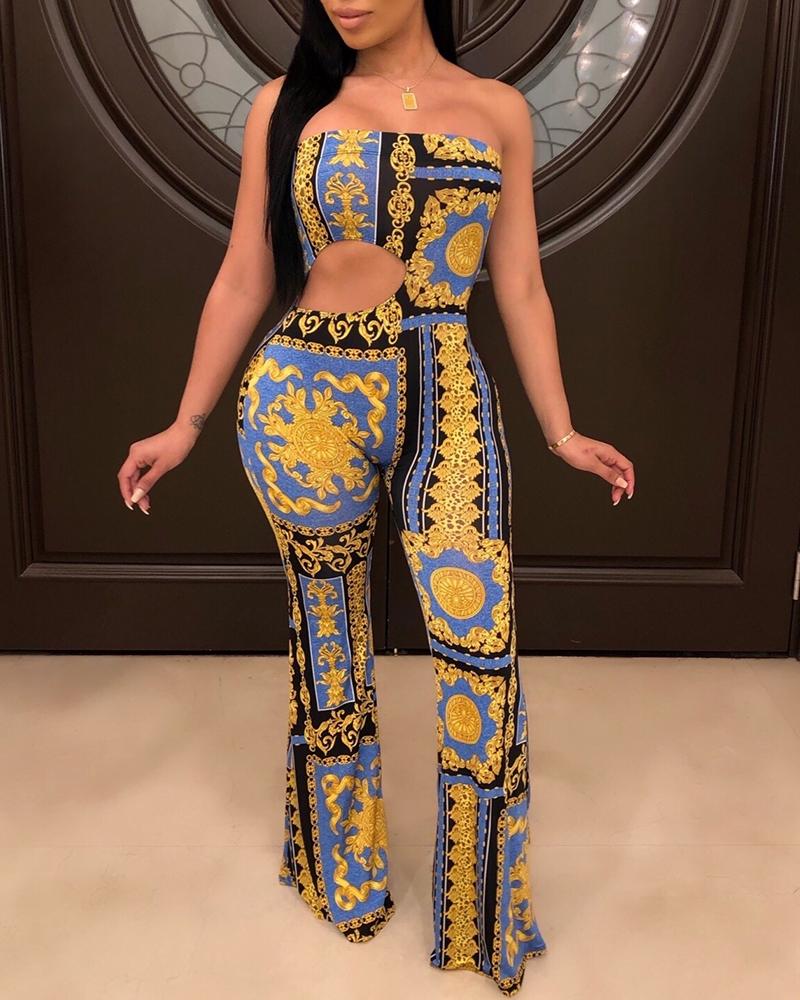 

Ethnic Print Cutout Tube Jumpsuit, Blue