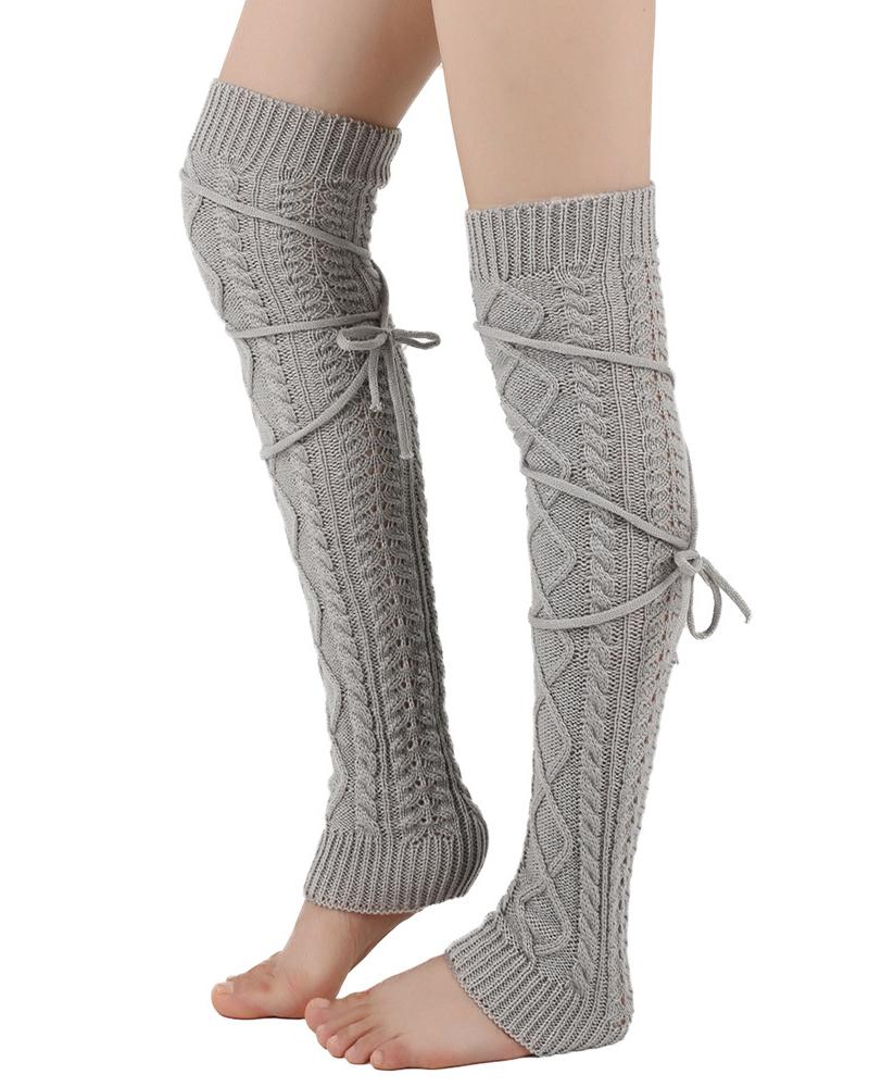 

Knit Cable Crisscross Thigh-High Leg Warmers, Light gray