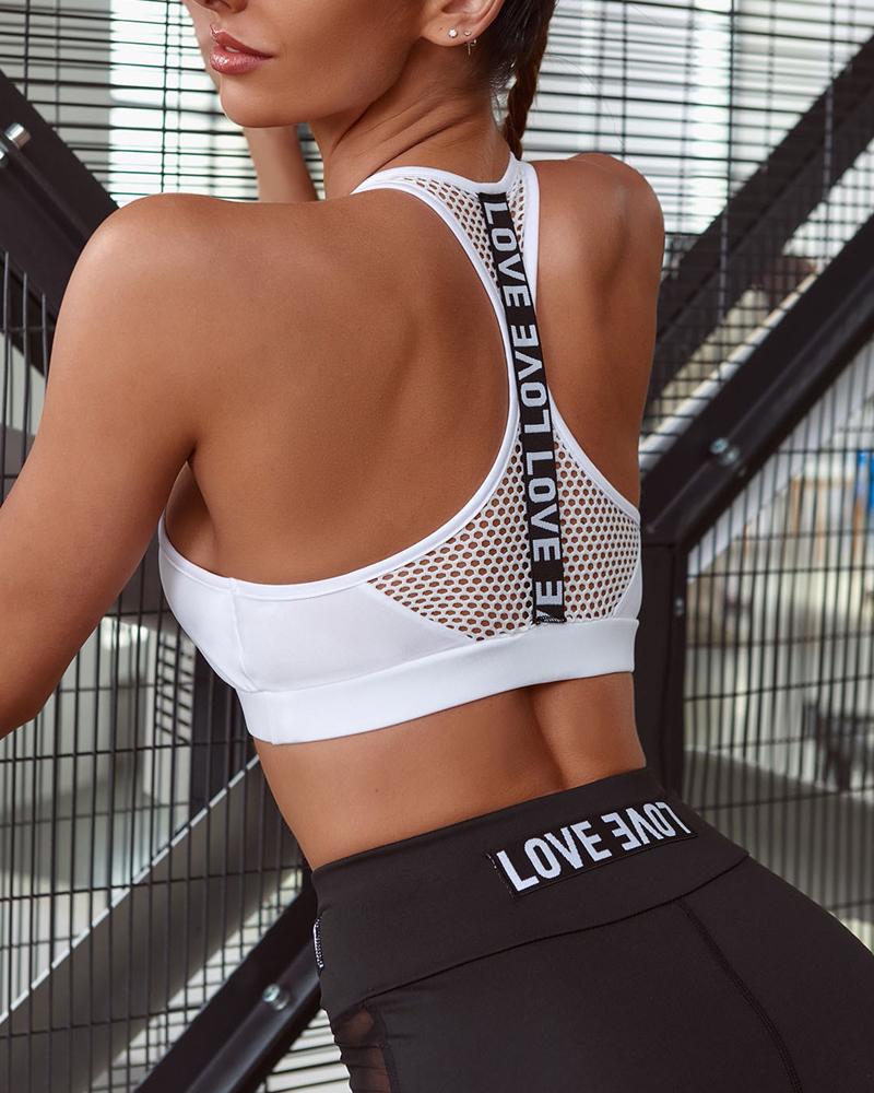 

Letter Print Hollow Out Racerback Sports Bra, White