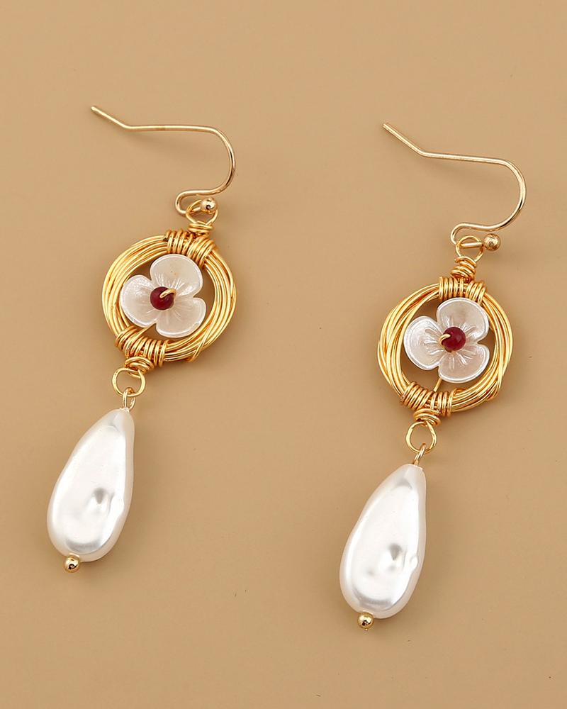 

1Pair Floral Decor Pearls Drop Earrings, Gold