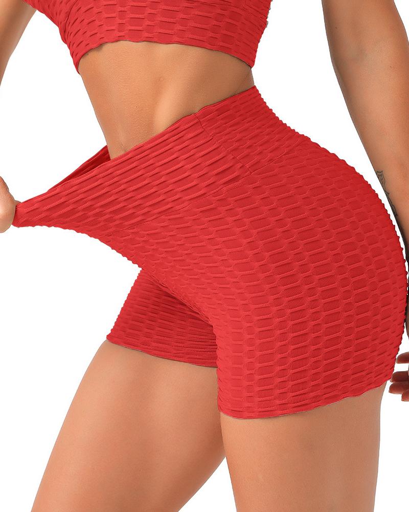 

High Waist Scrunch Butt Textured Active Shorts, Red