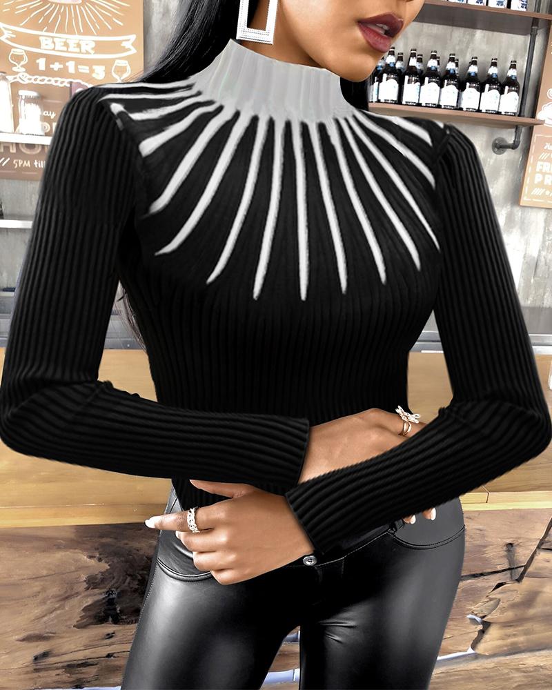 

Colorblock Long Sleeve Meck Neck Knit Top, Black