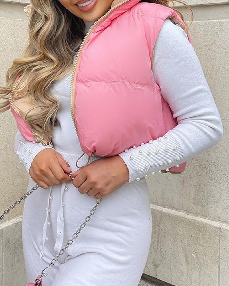 

Drawstring Zipper Design Gilet Puffer Jacket, Pink