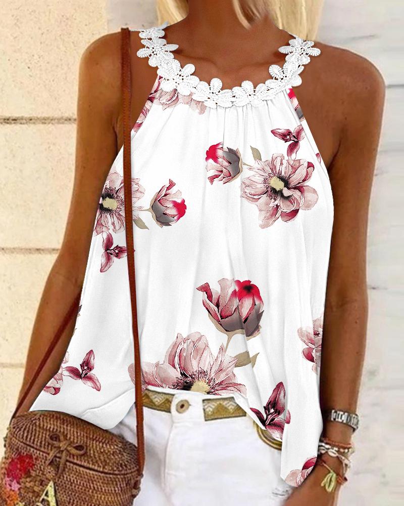 

Top sin mangas con parche de encaje y guipur con estampado floral, White