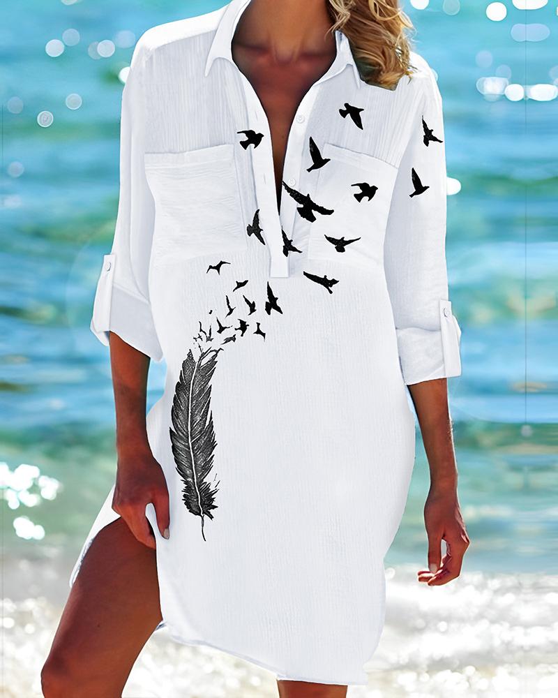 

Feather Bird Print Roll Up Sleeve Shirt Dress, White