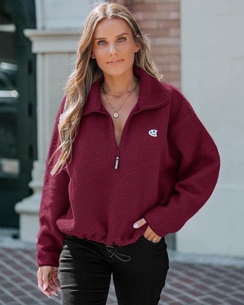 

Stand Collar Zipper Design Casual Sweatshirt, Wine red