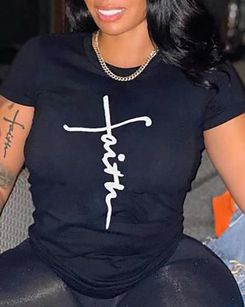 

Faith Print Short Sleeve Casual T-shirt, Black