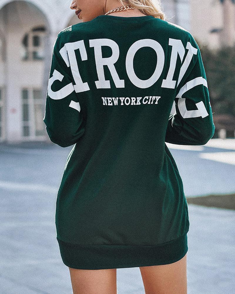 

Long Sleeve Letter Print Casual Sweatshirt Dress, Army green