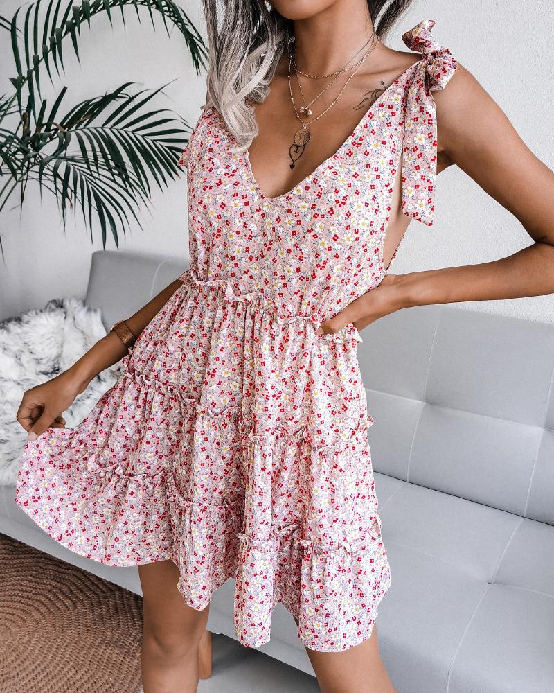 

Tied Detail Frill Hem Ditsy Floral Print Dress, Pink