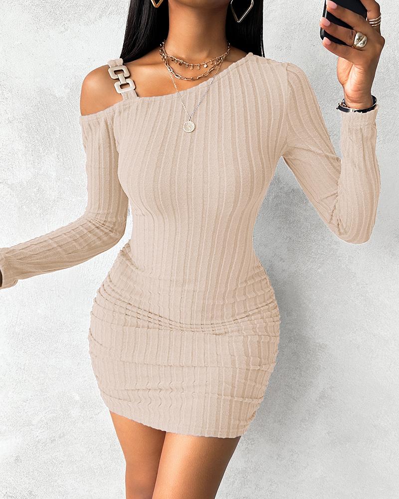 

Chain Decor Cold Shoulder Ribbed Bodycon Dress, Apricot