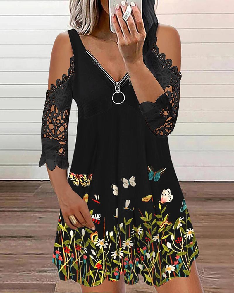

Butterfly Floral Print Zipper Design Casual Dress, Black