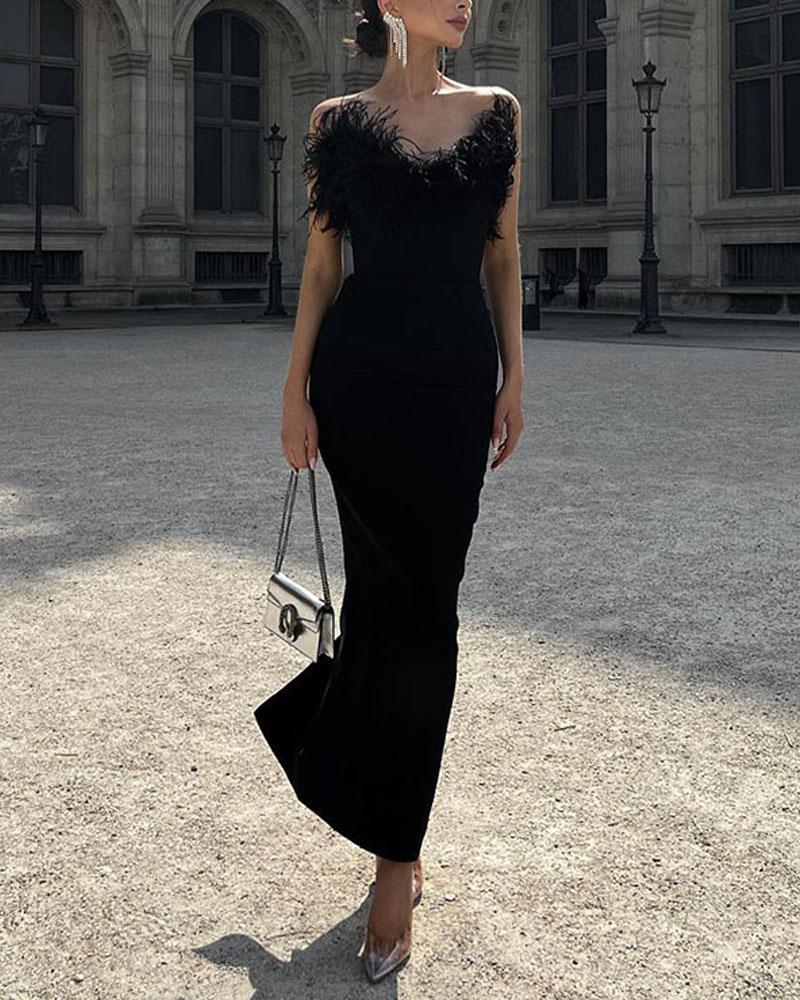 

Feather Decor Bandeau Party Dress, Black