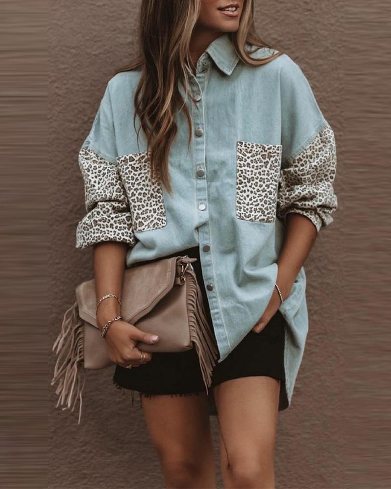 

Leopard Print Drop Shoulder Button Up Denim Shirt, Blue