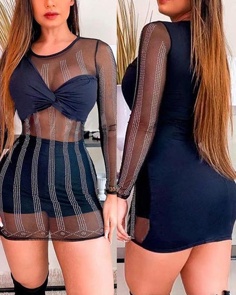 

Rhinestone Contrast Mesh Long Sleeve Bodycon Dress, Black