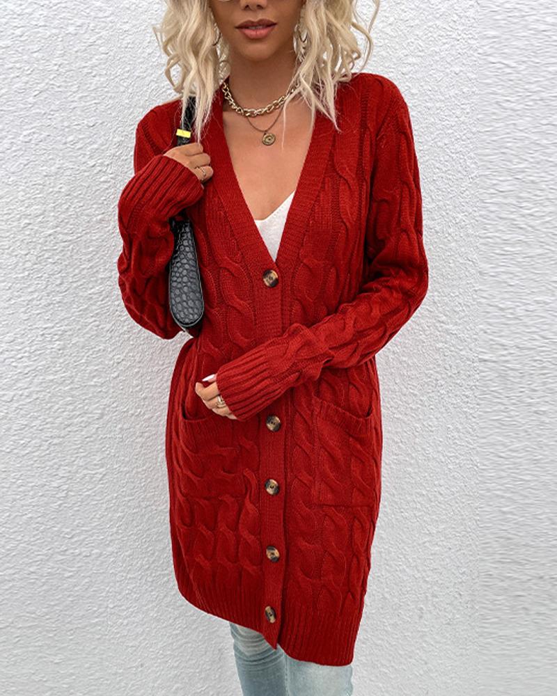 

Long Sleeve Button Up Cable Knit Cardigan, Red