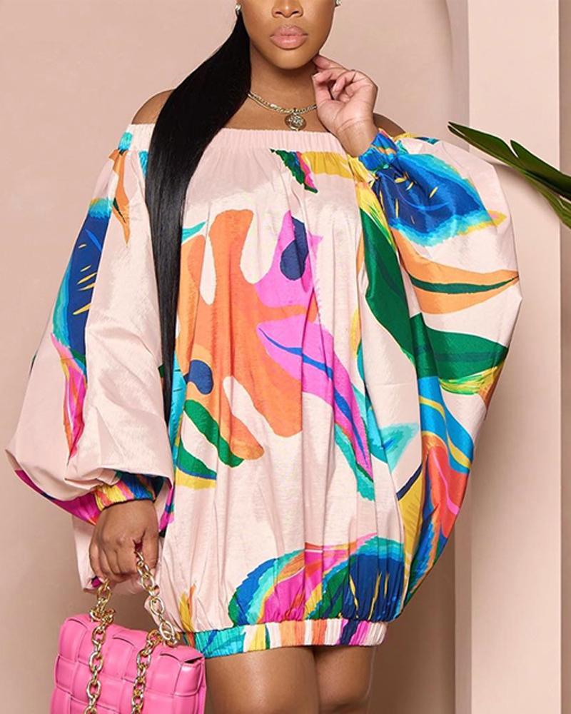 Plus Size Tropical Print Off Shoulder Casual Dress