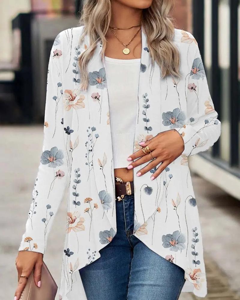 

Floral Print Long Sleeve Open Front Coat, White