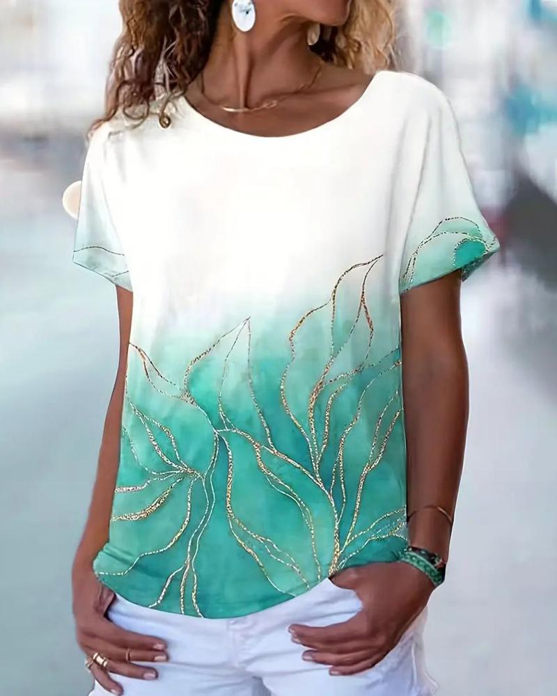 

Marble Print Round Neck Short Sleeve T-Shirt, Green