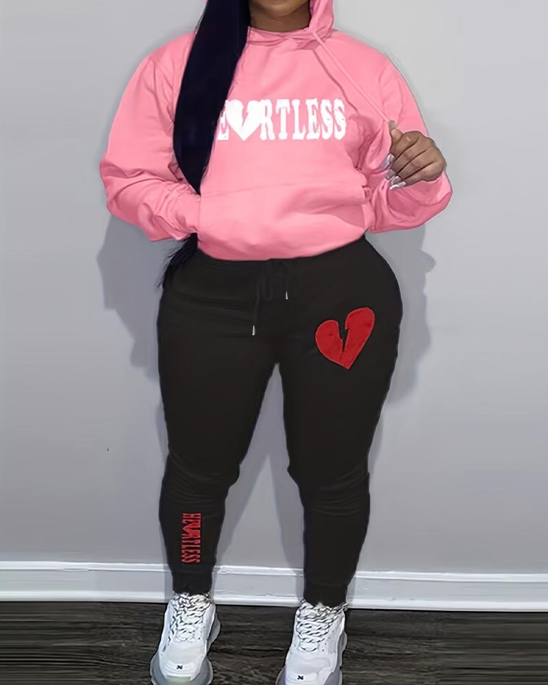 

Plus Size Heart Letter Print Hooded Sweatshirt & Sweatpants Set, Pink
