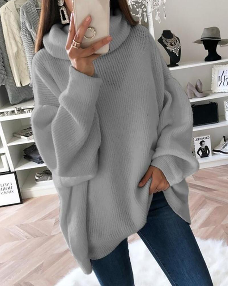 

High Neck Lantern Sleeve Sweater, Gray