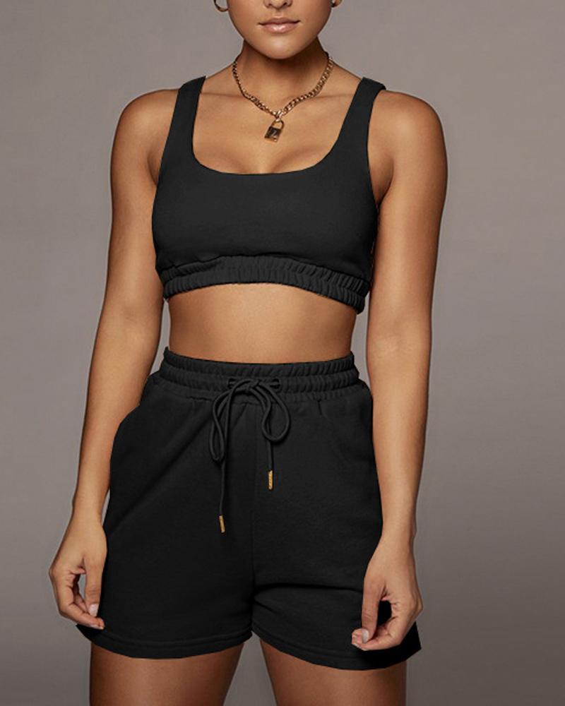 

U-Neck Pocket Detail Drawstring Active Set, Black