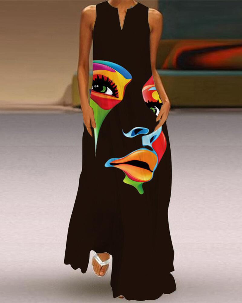 

Abstract Figure Print Sleeveless Maxi Dress, Black